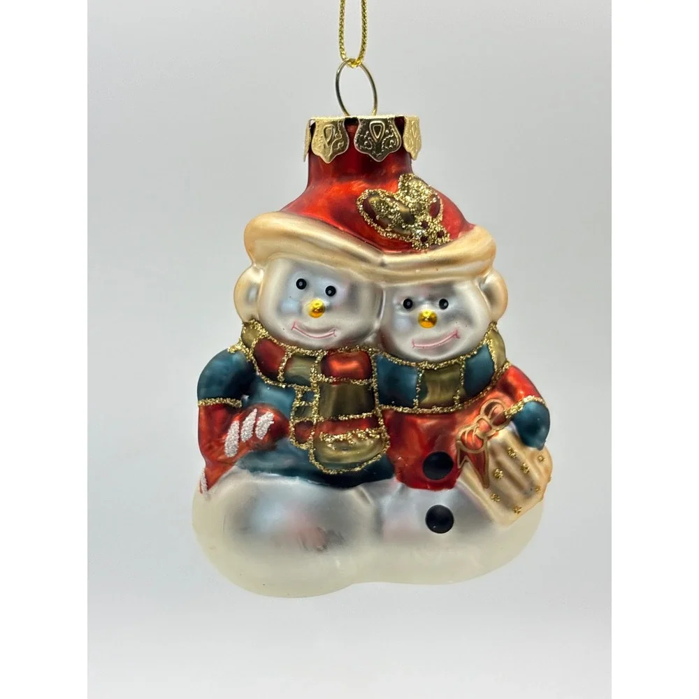 Vintage Blown Glass Snowman Couple Christmas Ornament Glitter Accents Holiday
